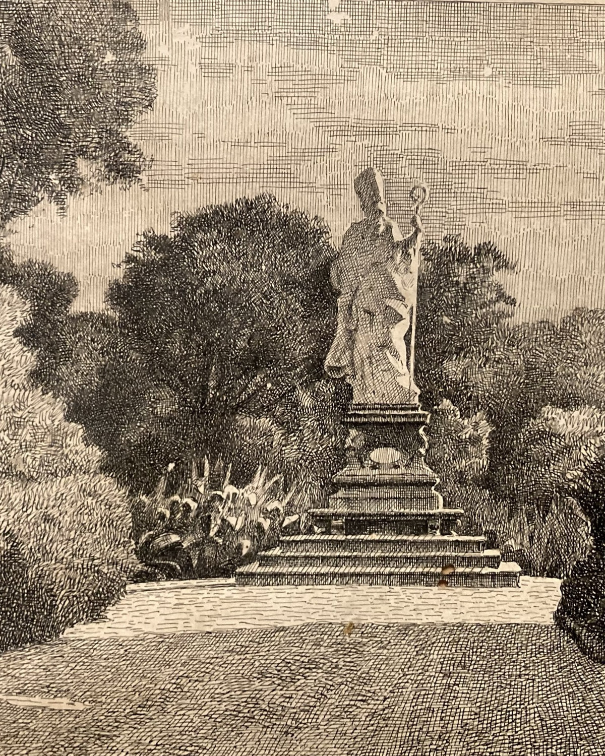 Incisione antica della statua di San Walfredo, fondatore dell’abbazia di Palazzuolo, in un giardino alberato